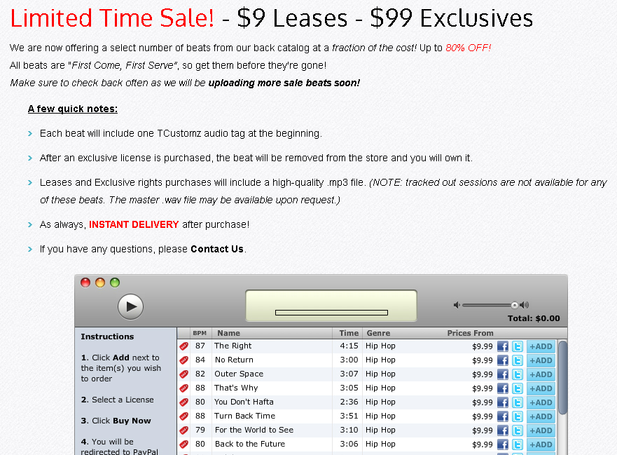 Hip Hop Beats on Sale at www.TCustomz.com | Boom Bap, Soulful, Sampled, Authentic Rap Beats Limited Time TCustomz.com Hip Hop Beat Sale! $9 Leases - $99 Exclusives